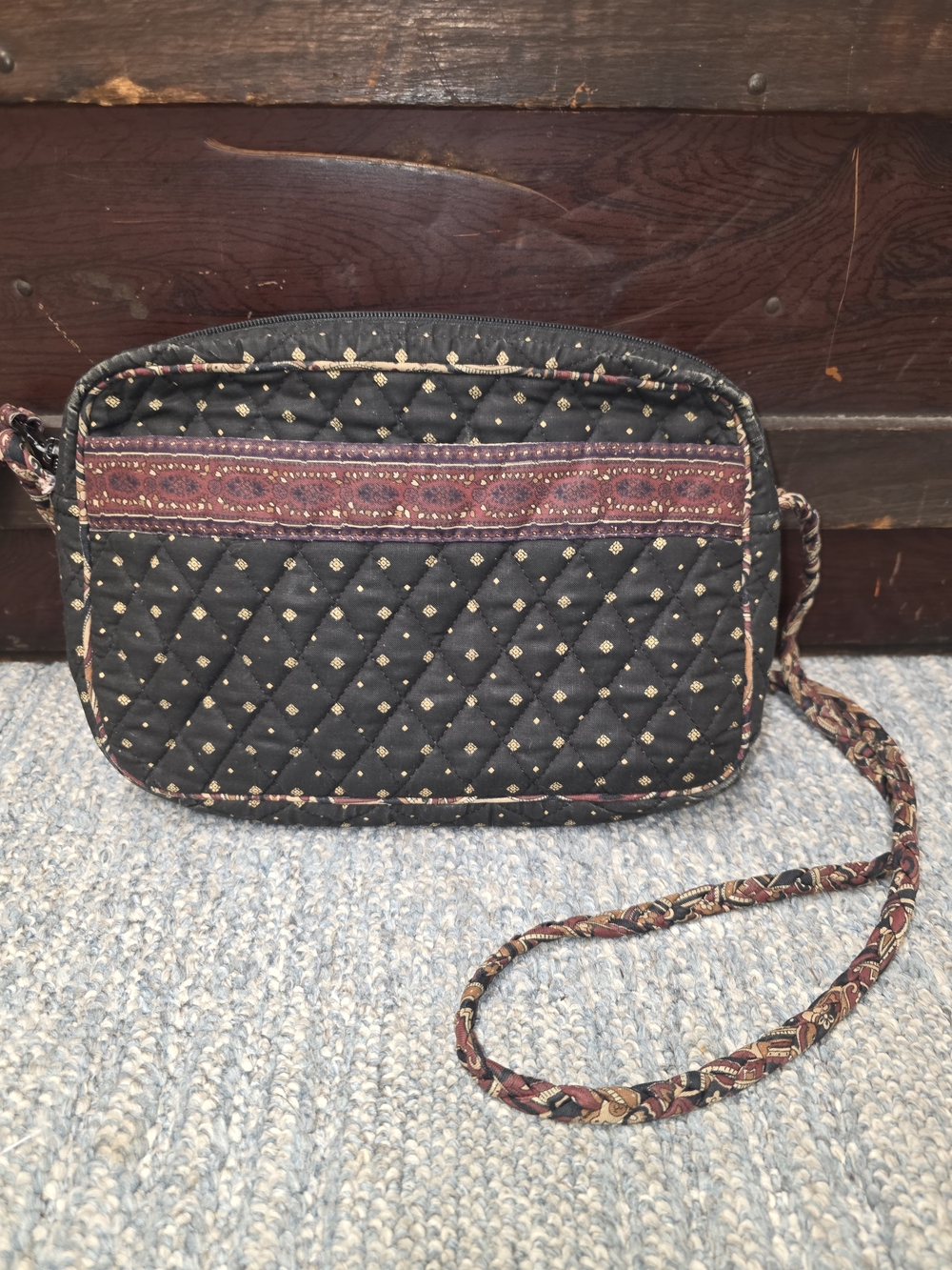 Vintage Vera Bradley Quilted Black Crossbody Bag with Burgundy Trim